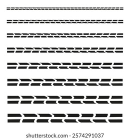 Tire track lines. Black tread patterns. Geometric stripes design. White background contrast.