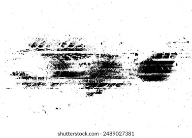 Schlammreifenverfolgung. Schmutziger Titel vom Autoradschutz. Reifenkennzeichnung Silhouette. Grunge-Overlay-Textur. Abstraktes Schwarzmuster. Vektorillustration, EPS 10.