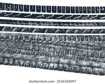 Rastreamento de pneus de lama. Trilha de sujeira do protetor da roda do carro. Silhueta da marca do pneu. Textura de sobreposição de grunge. Padrão preto abstrato. Ilustração vetorial, EPS 10.