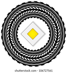 tire track with priority road sign