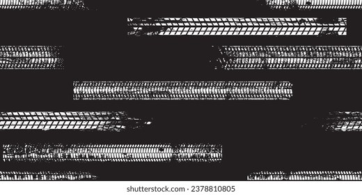 Tire track seamless pattern. Grange tread marks .Grunge textured vector car tread . Car trails endless pattern texture. Tyre track seamless texture. Wheel tire tread track background
