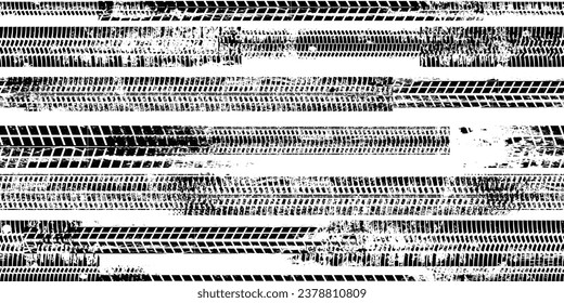 Tire track seamless pattern. Grange tread marks .Grunge textured vector car tread . Car trails endless pattern texture. Tyre track seamless texture. Wheel tire tread track background