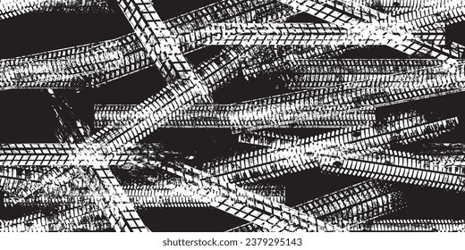 Tire track seamless pattern. Grange tread marks .Grunge textured vector car tread . Car trails endless pattern texture. Tyre track seamless texture. Wheel tire tread track background