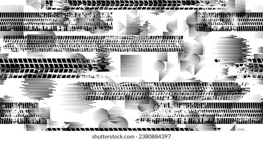 Tire track seamless pattern. Grange tread marks Textured vector car tread and fast lines . Trails endless pattern with speed lines. Tyre track seamless texture . Wheel tire tread track background