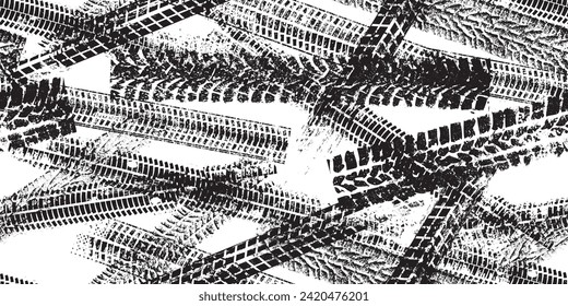 Tire track seamless pattern. Grange tread marks .Grunge textured vector car tread . Car trails endless pattern texture. Tyre track seamless texture. Wheel tire tread track background