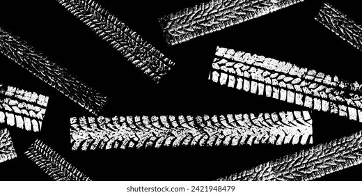 Tire track seamless pattern. Grange tread marks .Grunge textured vector car tread . Car trails endless pattern texture. Tyre track seamless texture. Wheel tire tread track background