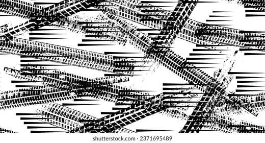 Tire track seamless pattern texture. Grange shapes .Grunge textured . Vector car thread .Screen print endless pattern texture
