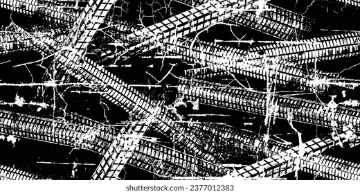 Tire track seamless pattern texture. Grange shapes .Grunge textured . Vector car thread .Screen print endless pattern texture. Tyre track seamless texture.