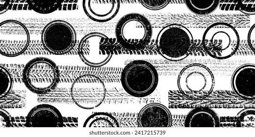Pista de neumáticos sin fisuras y patrón de sellos. Marcas de banda ancha de rodadura .Trayectoria de vagón grunge texturada . El coche sigue una textura interminable de patrones. La textura de la pista del neumático es perfecta. Fondo de la pista de la banda de rodadura de los neumáticos de ruedas