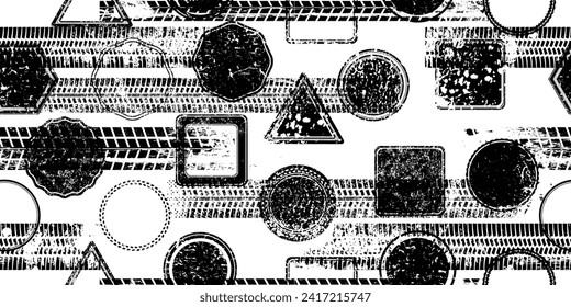 Tire track seamless and stamps pattern. Grange tread marks .Grunge textured vector car tread . Car trails endless pattern texture. Tyre track seamless texture. Wheel tire tread track background