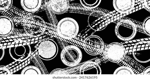 Tire track seamless and stamps pattern. Grange tread marks .Grunge textured vector car tread . Car trails endless pattern texture. Tyre track seamless texture. Wheel tire tread track background