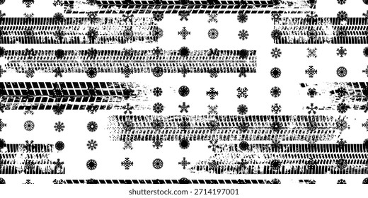 Pista de neumáticos, copos de nieve sin patrón. Grange marcas de pisada de Vector. Grunge texturizado coche de pisada. Caminos de coches de textura de patrón sin fin. Pista de neumáticos textura sin fisuras. Fondo de pista de la banda de rodadura del neumático de rueda