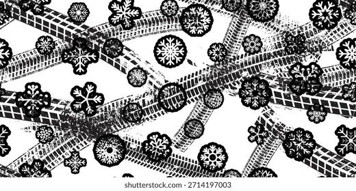 Pista de neumáticos, copos de nieve sin patrón. Grange marcas de pisada de Vector. Grunge texturizado coche de pisada. Caminos de coches de textura de patrón sin fin. Pista de neumáticos textura sin fisuras. Fondo de pista de la banda de rodadura del neumático de rueda