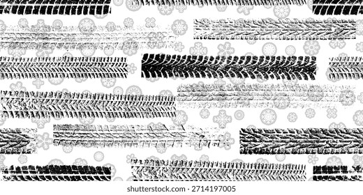 Pista de neumáticos, copos de nieve sin patrón. Grange marcas de pisada de Vector. Grunge texturizado coche de pisada. Caminos de coches de textura de patrón sin fin. Pista de neumáticos textura sin fisuras. Fondo de pista de la banda de rodadura del neumático de rueda