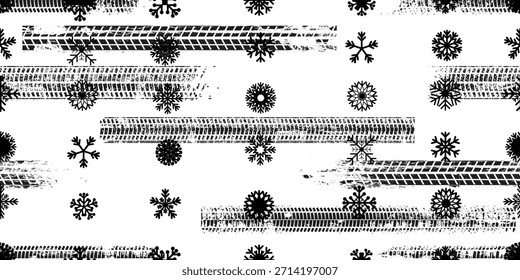 Pista de neumáticos, copos de nieve sin patrón. Grange marcas de pisada de Vector. Grunge texturizado coche de pisada. Caminos de coches de textura de patrón sin fin. Pista de neumáticos textura sin fisuras. Fondo de pista de la banda de rodadura del neumático de rueda