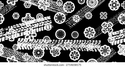 Pista de neumáticos, copos de nieve sin patrón. Grange marcas de pisada de Vector. Grunge texturizado coche de pisada. Caminos de coches de textura de patrón sin fin. Pista de neumáticos textura sin fisuras. Fondo de pista de la banda de rodadura del neumático de rueda