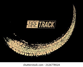 Tire track text and grunge trace gold pattern vector illustration. Abstract print texture on road from rubber wheel of transport vehicles, trail design element of curve shape on black background