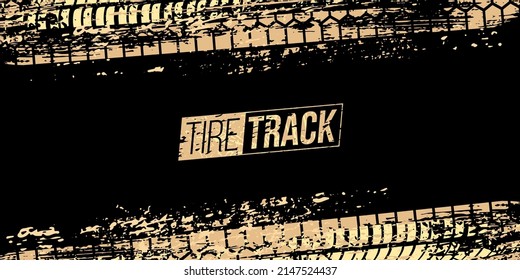 Tire track text and grunge trace gold pattern vector illustration. Abstract print texture on road from rubber wheel of transport vehicles, trail design element on black background