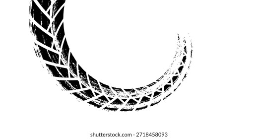 Pista de neumáticos. Marca de neumático de coche, bicicleta, motocicleta con efecto grunge sobre fondo blanco. Huella de la rueda, elemento de carretera, patrón de protector de goma sucia. 