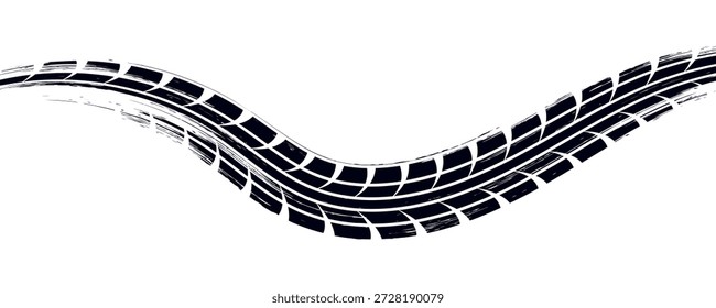 Pista de neumáticos. Marca de neumático de coche, bicicleta, motocicleta con efecto grunge sobre fondo blanco. Huella de la rueda, elemento de carretera, protector de goma sucia Eps10
