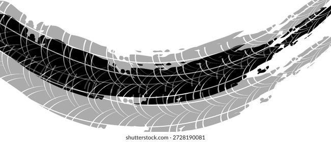 Pista de neumáticos. Marca de neumático de coche, bicicleta, motocicleta con efecto grunge sobre fondo blanco. Huella de la rueda, elemento de carretera, patrón de protector de goma sucia. Ilustración vectorial realista.

