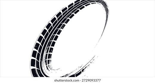 Pista de neumáticos. Marca de neumático de coche, bicicleta, motocicleta con efecto grunge sobre fondo blanco. Huella de la rueda, elemento de carretera, patrón de protector de goma sucia.
