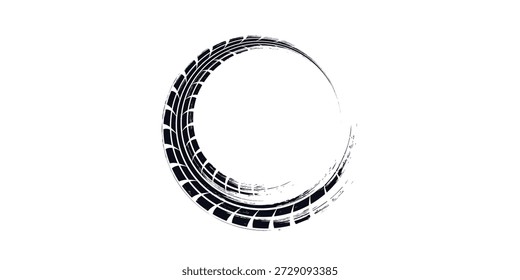 Pista de neumáticos. Marca de neumático de coche, bicicleta, motocicleta con efecto grunge sobre fondo blanco. Huella de la rueda, elemento de carretera, patrón de protector de goma sucia.