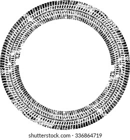 Tire Track Vector Round Border Frame . Distressed Overlay Grunge Design 