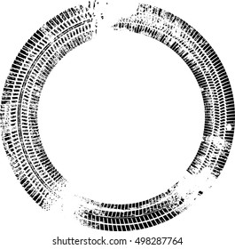Tire Track Vector Round Border Frame . Distressed Overlay Grunge Design 