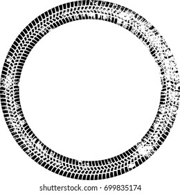Tire Track Vector Round Border Frame . Distressed Overlay Grunge Design .  Bike thread silhouette . Geometric circle shape