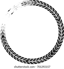 Tire Track Vector Round Border Frame . Distressed Overlay Grunge Design .  Bike thread silhouette . Geometric circle shape