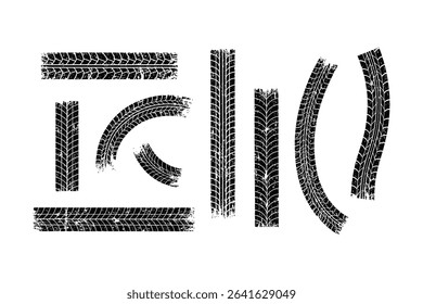 Tire Track Vector Set – Grunge Wheel Marks and Curved Tire Impressions Collection

