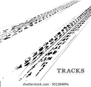 Tire tracks background in black and white style. Vector illustration.