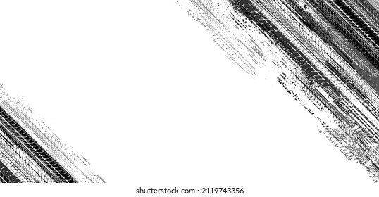 Tire tracks background for rally, drift, motocross, off-road and other auto and motorsport. Black tire marks on a white background with a worn effect and splashes of dirt. Vector isolated texture - Shutterstock ID 2119743356