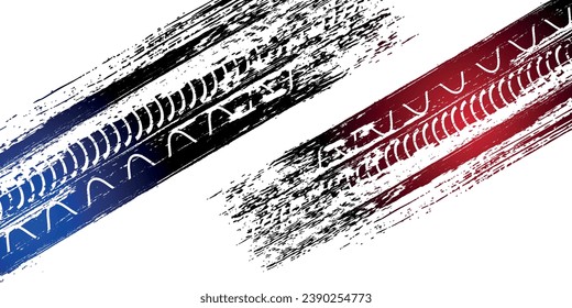 Tire tracks background for rally, drift, motocross, off-road and other auto and motorsport. Black tire marks on a white background with a worn effect and splashes of dirt.