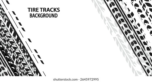 Tire tracks background for rally, drift, motocross, off-road and other auto and motorsport. Black tire marks on a white background with a worn effect and splashes of dirt. Vector idynamic tire