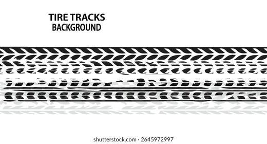 Tire tracks background for rally, drift, motocross, off-road and other auto and motorsport. Black tire marks on a white background with a worn effect and splashes of dirt. Vector idynamic tire