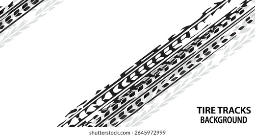 Tire tracks background for rally, drift, motocross, off-road and other auto and motorsport. Black tire marks on a white background with a worn effect and splashes of dirt. Vector idynamic tire