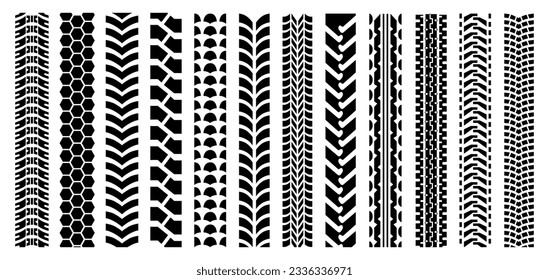 Tire tracks black isolated silhouettes set. Tires tread shapes, car wheel stamp. Motorcycle tyres protectors prints, neoteric cars service vector set