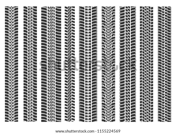 Tire\
tracks brushes. Bike or track road tyre track race textures,\
motorbike print silhouettes seamless pattern\
set
