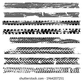 Pistas de neumáticos y neumáticos de ruedas de coches imprimen el diseño vectorial del deporte de carreras de velocidad. Caminata de caminos de barro marca un patrón negro de grunge, trazas sucias de neumáticos de caucho de camiones de carreras de drogas, motocicleta, bicicleta, bicicleta o tractor