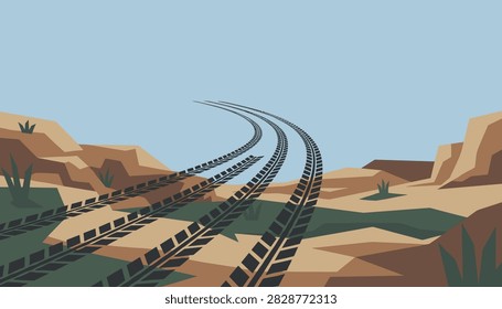 Tire tracks curving through a sandy desert landscape under a clear sky with rocky canyon hills on either side of the road.