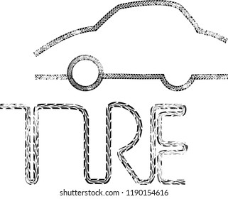 Tire Tracks . Dirty Grunge Vector Print Textured Set . Tire Car Logo . Tyre Discount . Vector