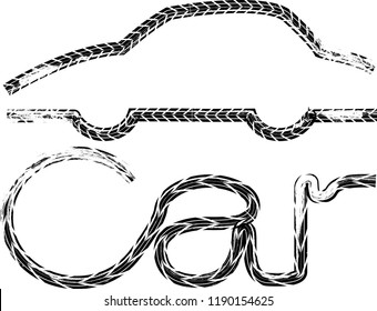 Tire Tracks . Dirty Grunge Vector Print Textured Set . Tire Car Logo . Tyre Discount . Vector