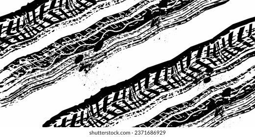 Tire tracks grunge vector. Overlay of car wheel tire tracks. Fast racing and drifting. Drifting and fast racing. Dirty road background.