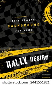 Tire tracks grungy background for your rally design, chess flag texture, copy space for your text. Vector illustration.