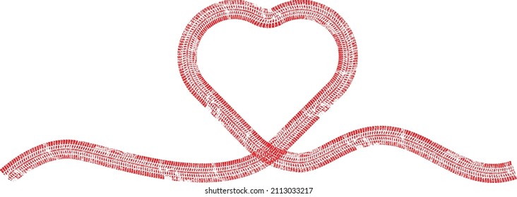 Tire tracks in heart form. Car thread silhouette. Vector illustration.