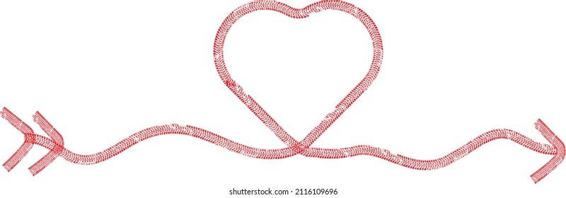 Tire tracks in heart form. One line love heart .Car thread silhouette. Vector illustration.