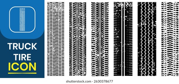 Tire tracks icon set. Silhouette of tire track mark icon vector set. Car wheel tires track footprints, tread brushes, transport ground trace marks, transport road texture. Vector illustration.	