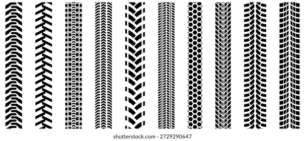 Tire tracks icon vector isolated silhouettes set. set of vertical tire tread patterns and wheel track textures. Tire tracks print background. vector illustration.